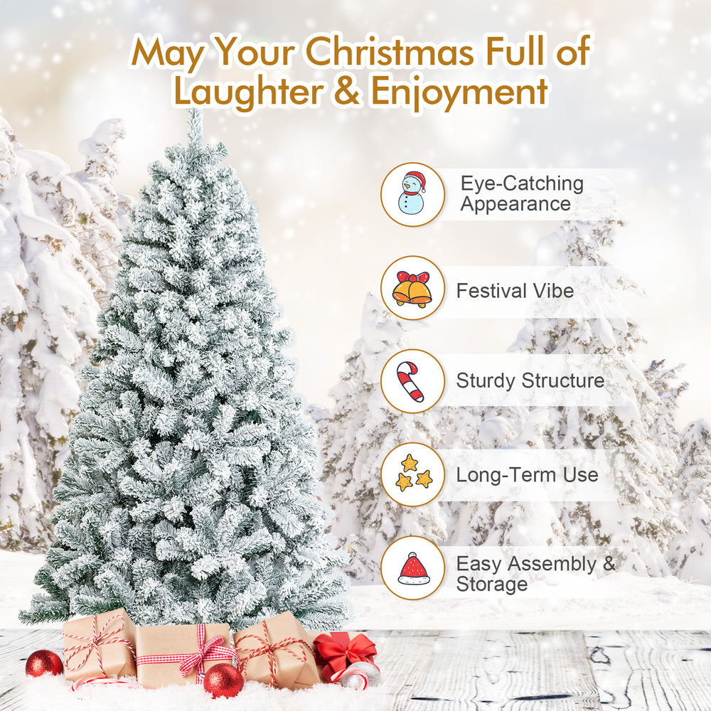 6 feet flocked Christmas tree with 600 branch tips, sturdy metal stand, perfect for festive home decoration.