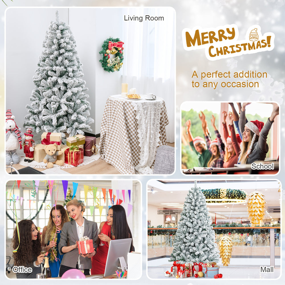 6 feet flocked Christmas tree with 600 branch tips, ideal for homes and businesses, creating a festive atmosphere.