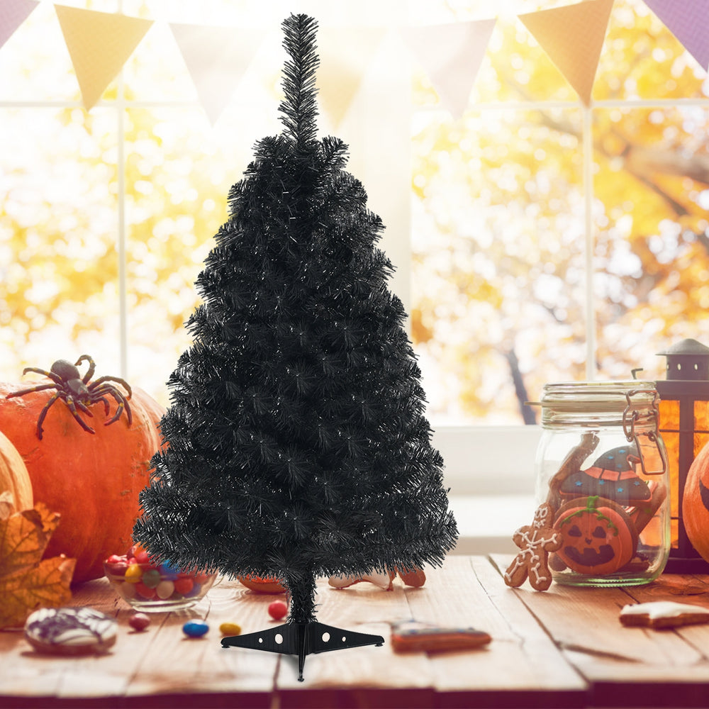 Black 3 feet unlit artificial Christmas Halloween mini tree with 116 branch tips, perfect for festive decorations.