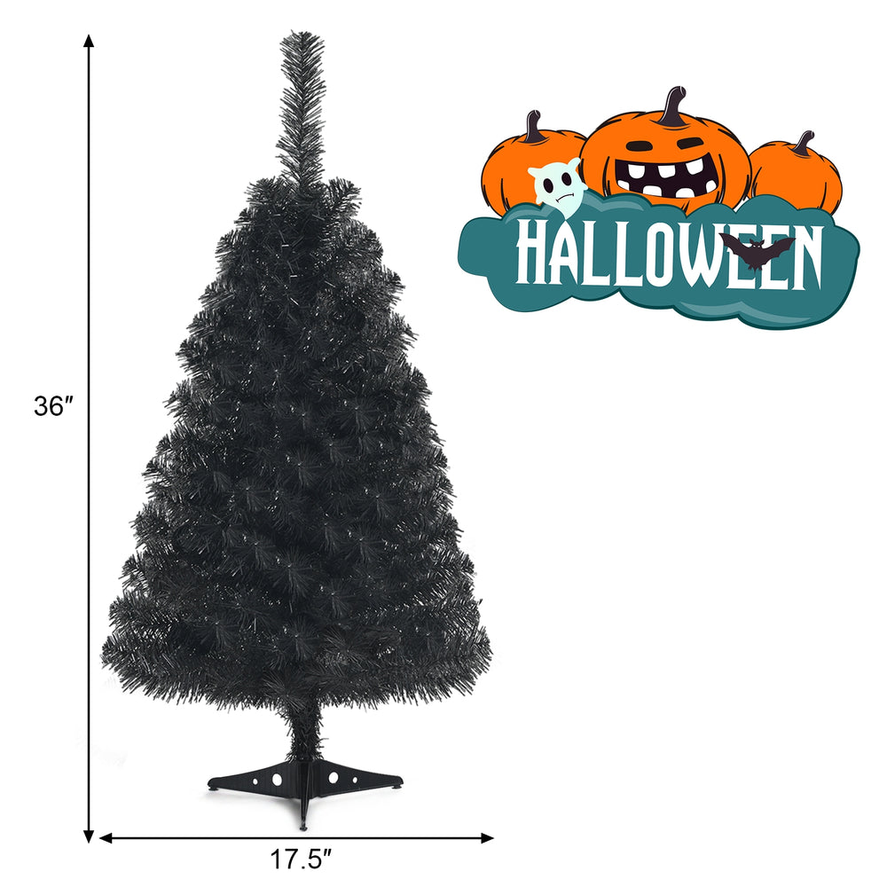 Black 3-foot unlit artificial mini tree with 116 branch tips, perfect for Halloween and Christmas decorations.