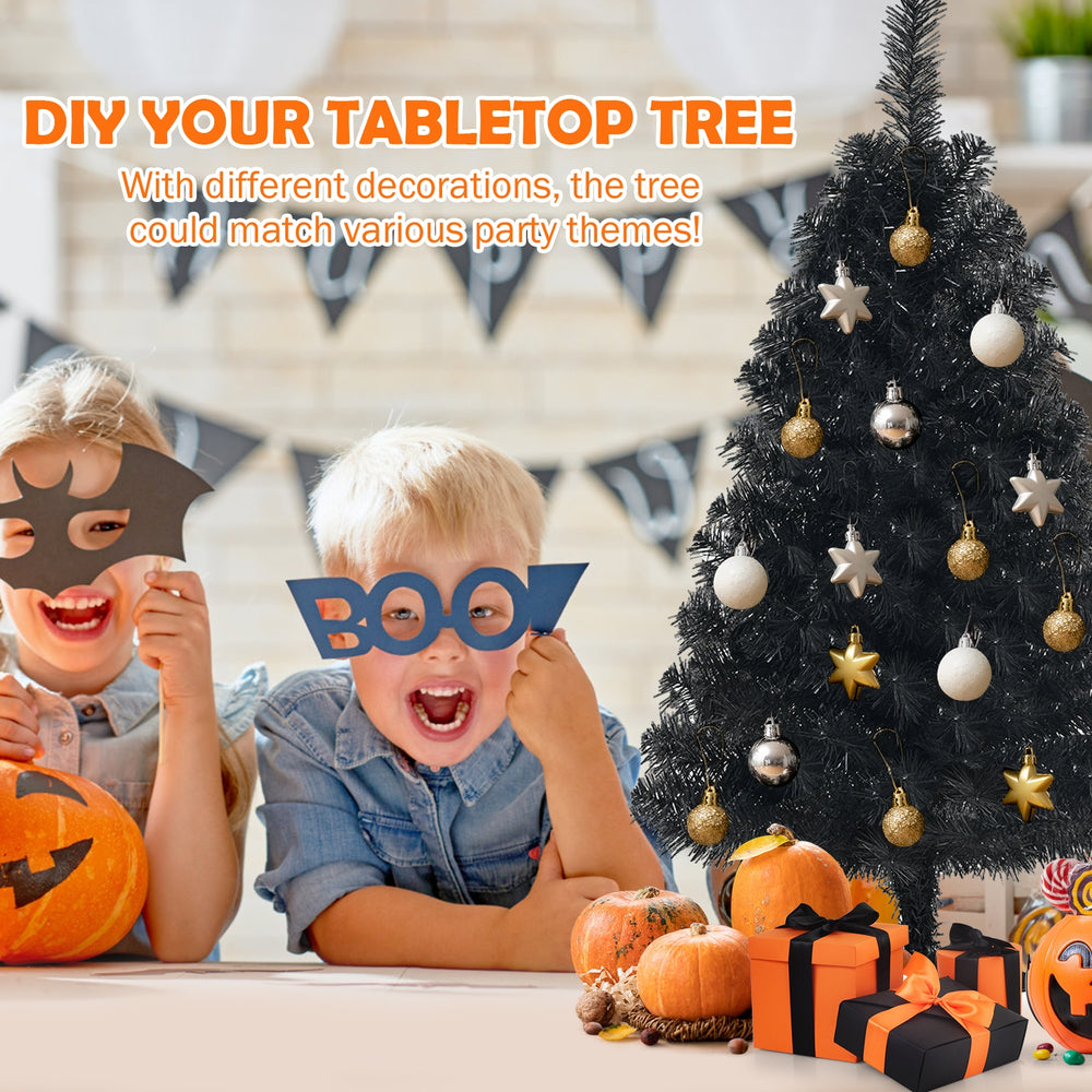 Black 3-foot unlit artificial mini tree with 116 branch tips, perfect for Halloween and Christmas DIY decorations.