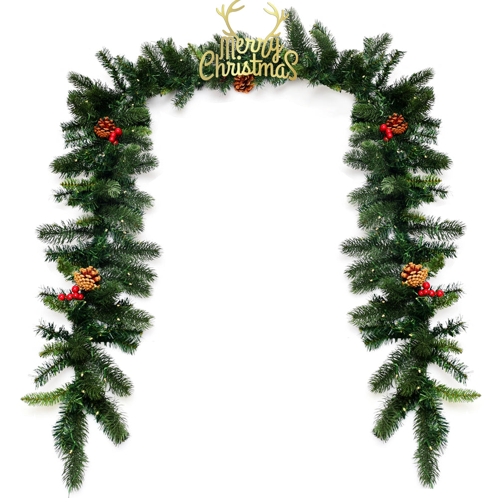 9FT pre-lit artificial Christmas garland with red berries and pine cones, featuring 100 LED lights for festive.