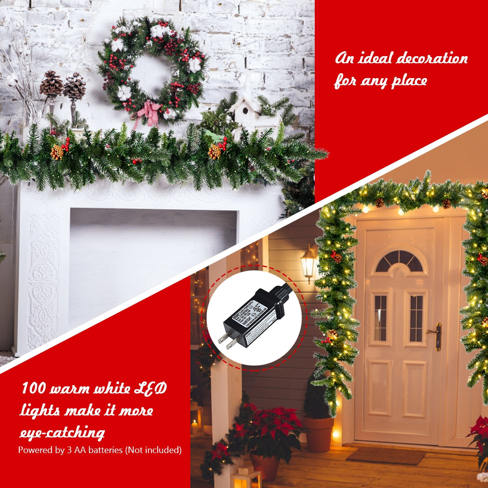9FT pre-lit artificial Christmas garland with red berries and 100 warm white LED lights for festive indoor or outdoor.