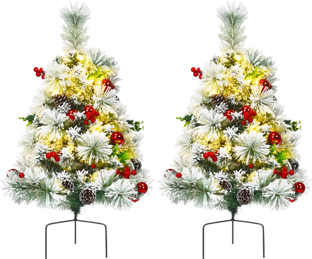 2 Feet Set of 2 Pre-lit Pathway Flocked Christmas Trees Battery Powered