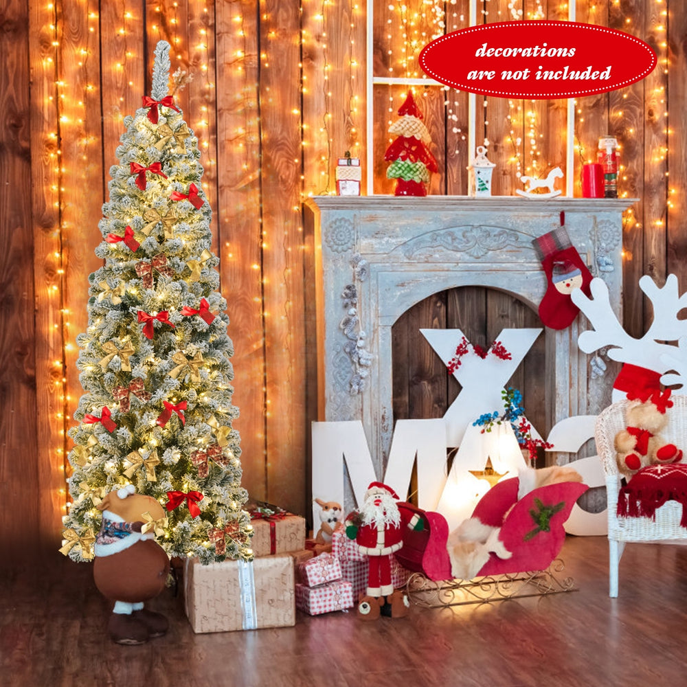 6 feet pre-lit snow flocked artificial pencil Christmas tree with 250 LED lights, perfect for limited spaces.