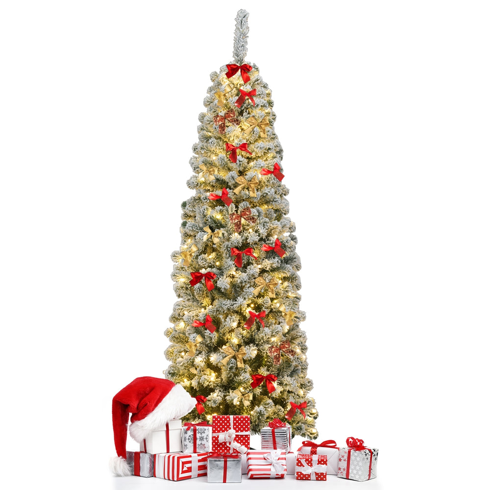 6 feet pre-lit snow flocked artificial pencil Christmas tree with 250 warm LED lights, perfect for limited spaces.