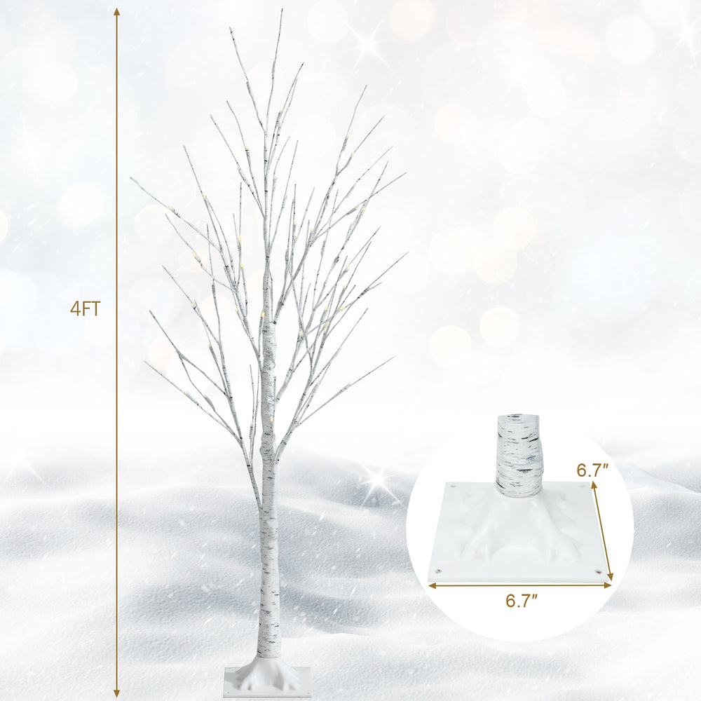 4 ft pre-lit white twig birch tree with 48 LED lights, featuring bendable branches for customizable holiday decor.