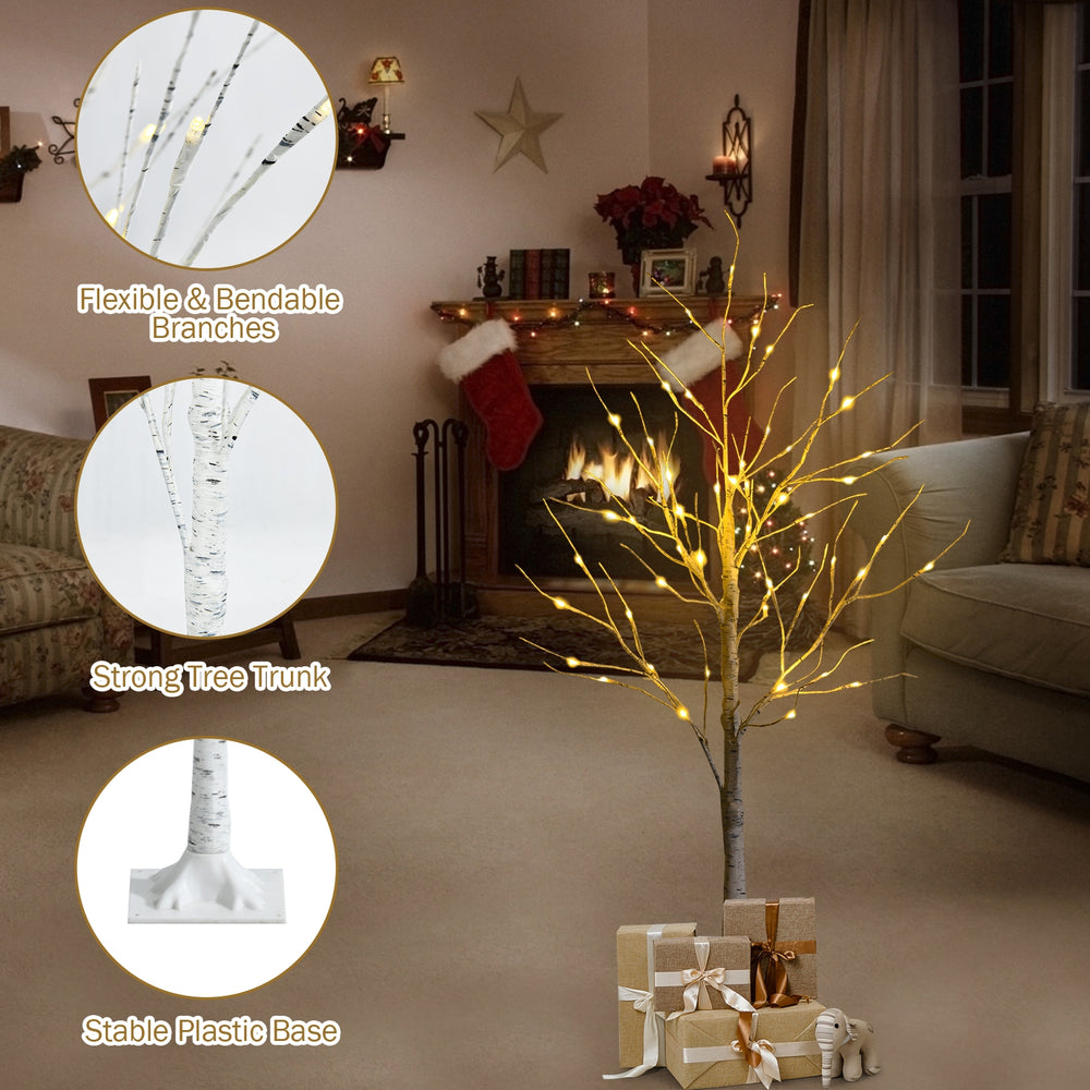 Pre-lit 4 ft white twig birch tree with 48 LED lights, flexible branches, and a stable plastic base for festive indoor.
