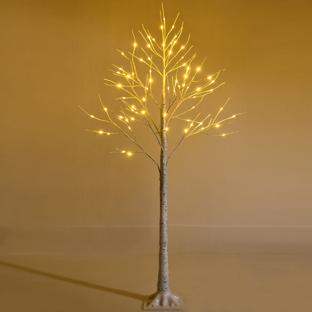 5-foot pre-lit white twig birch tree with 72 LED lights, featuring bendable branches for customizable holiday decor.