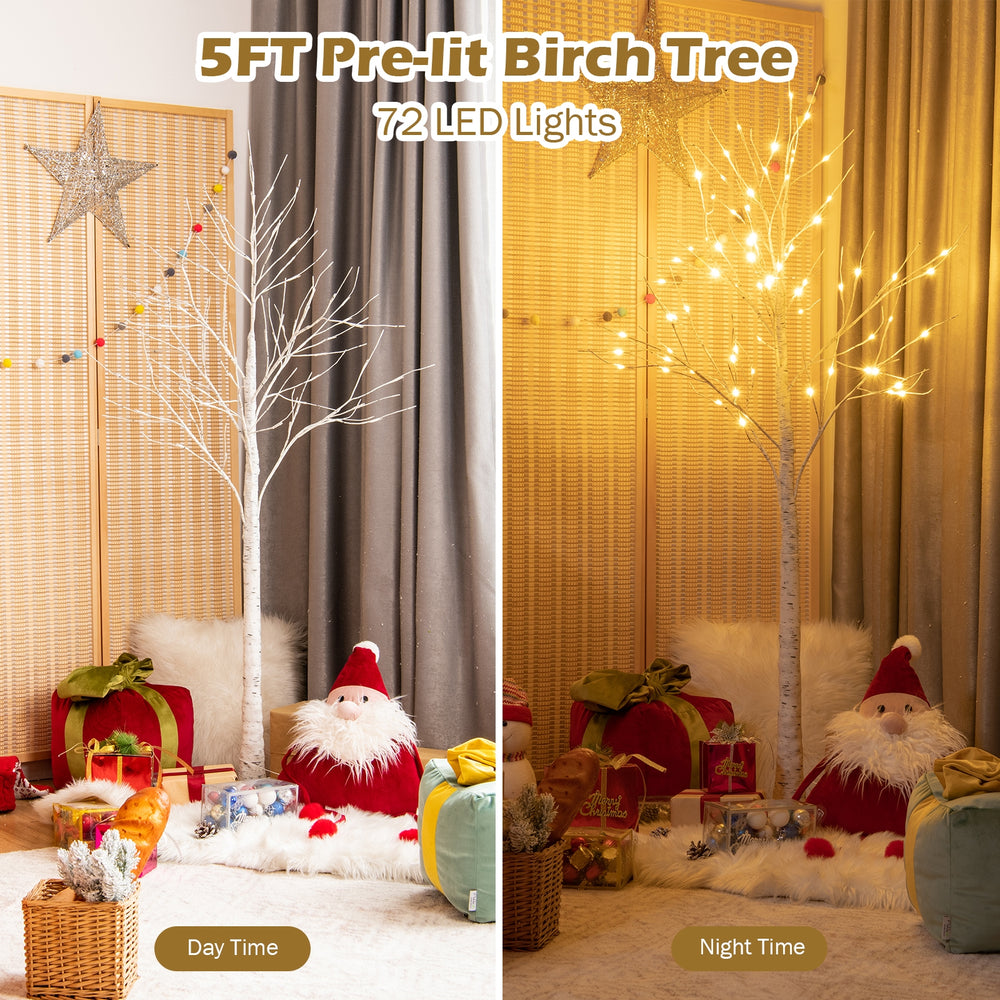 5FT pre-lit white twig birch tree with 72 LED lights, featuring bendable branches for customizable holiday decor.