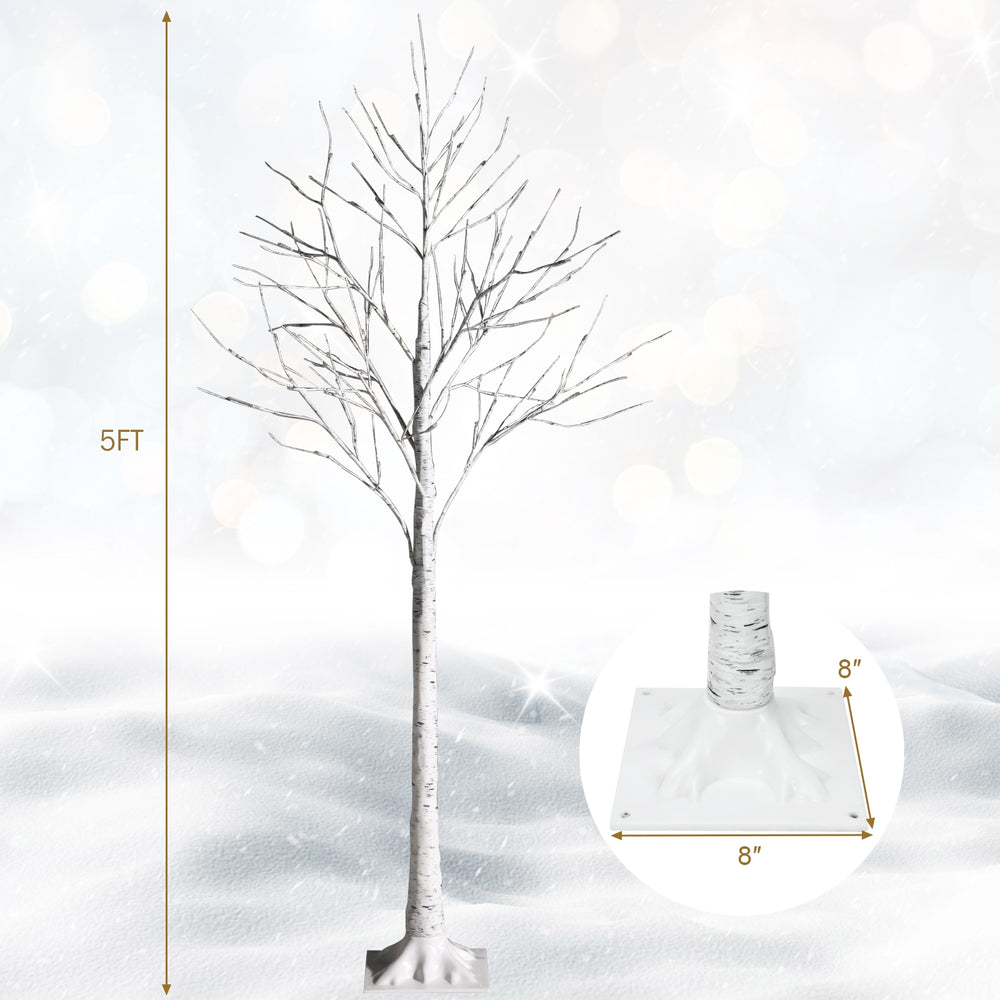 5-foot pre-lit white twig birch tree with a sturdy 8-inch base, designed for easy indoor holiday decoration.