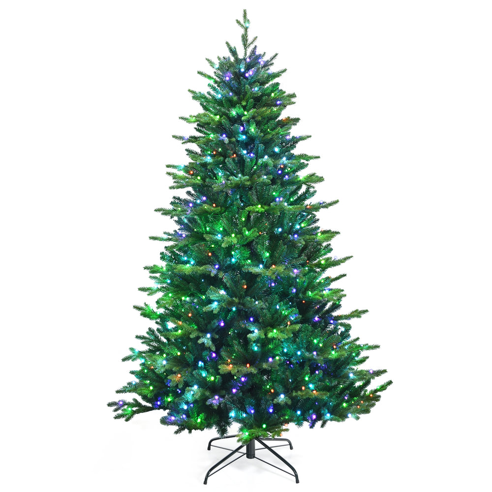 Pre-lit 7ft artificial Christmas tree with app-controlled LED lights, featuring lush PE and PVC branches for festive.