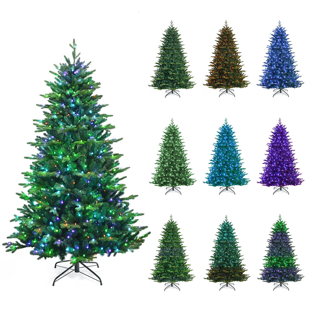 7 ft pre-lit artificial Christmas tree with app-controlled LED lights in various colors for festive decoration.