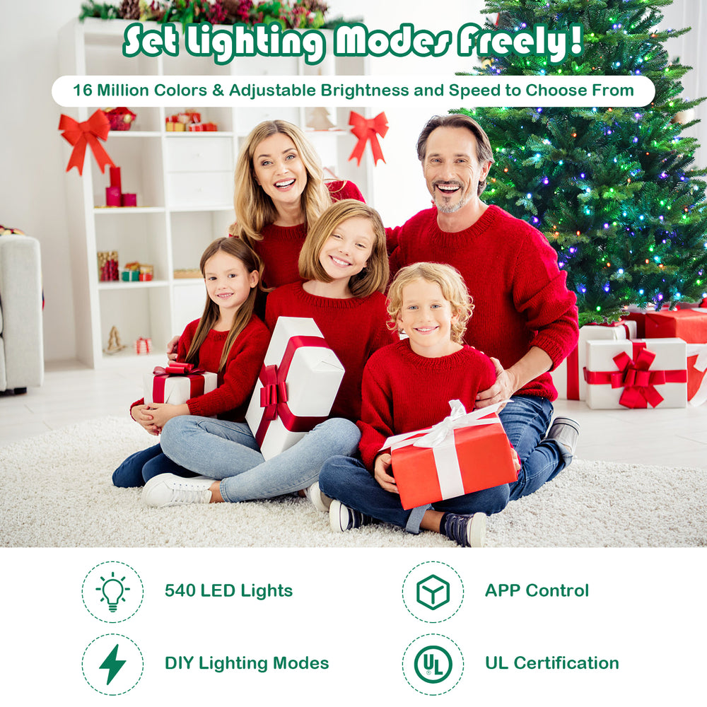 Pre-lit 7ft artificial Christmas tree with 540 LED lights and app control for customizable lighting modes.