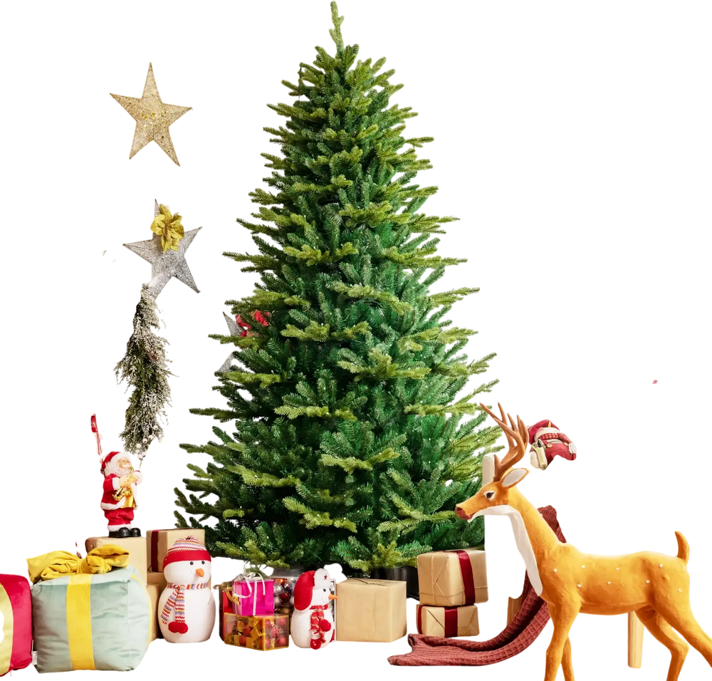 Full view of a 7 ft pre-lit artificial Christmas tree with app-controlled LED lights, surrounded by festive decorations.