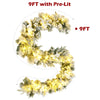 9-foot pre-lit artificial Christmas garland featuring 50 LED lights, snow flocked design, and white flowers for festive.
