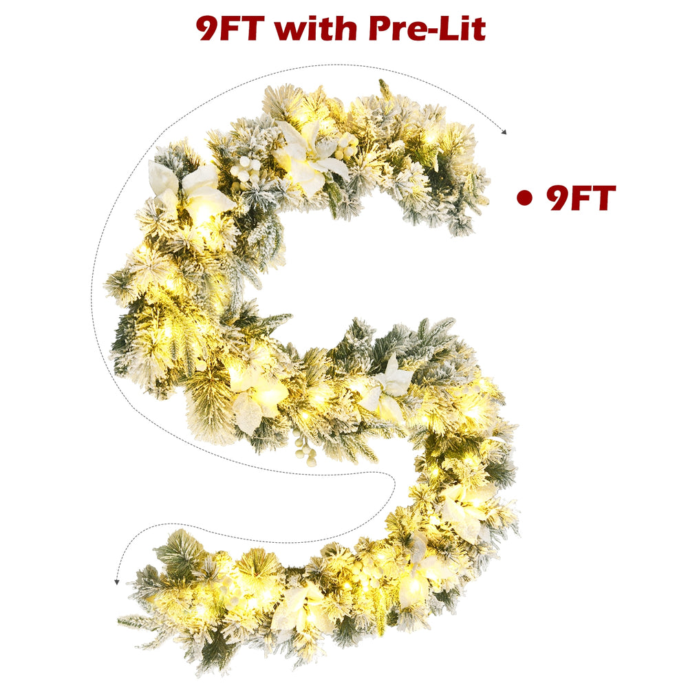 9-foot pre-lit artificial Christmas garland featuring 50 LED lights, snow flocked design, and white flowers for festive.