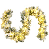 9-foot pre-lit artificial Christmas garland with 50 LED lights, snow-flocked design, and white flowers for festive.