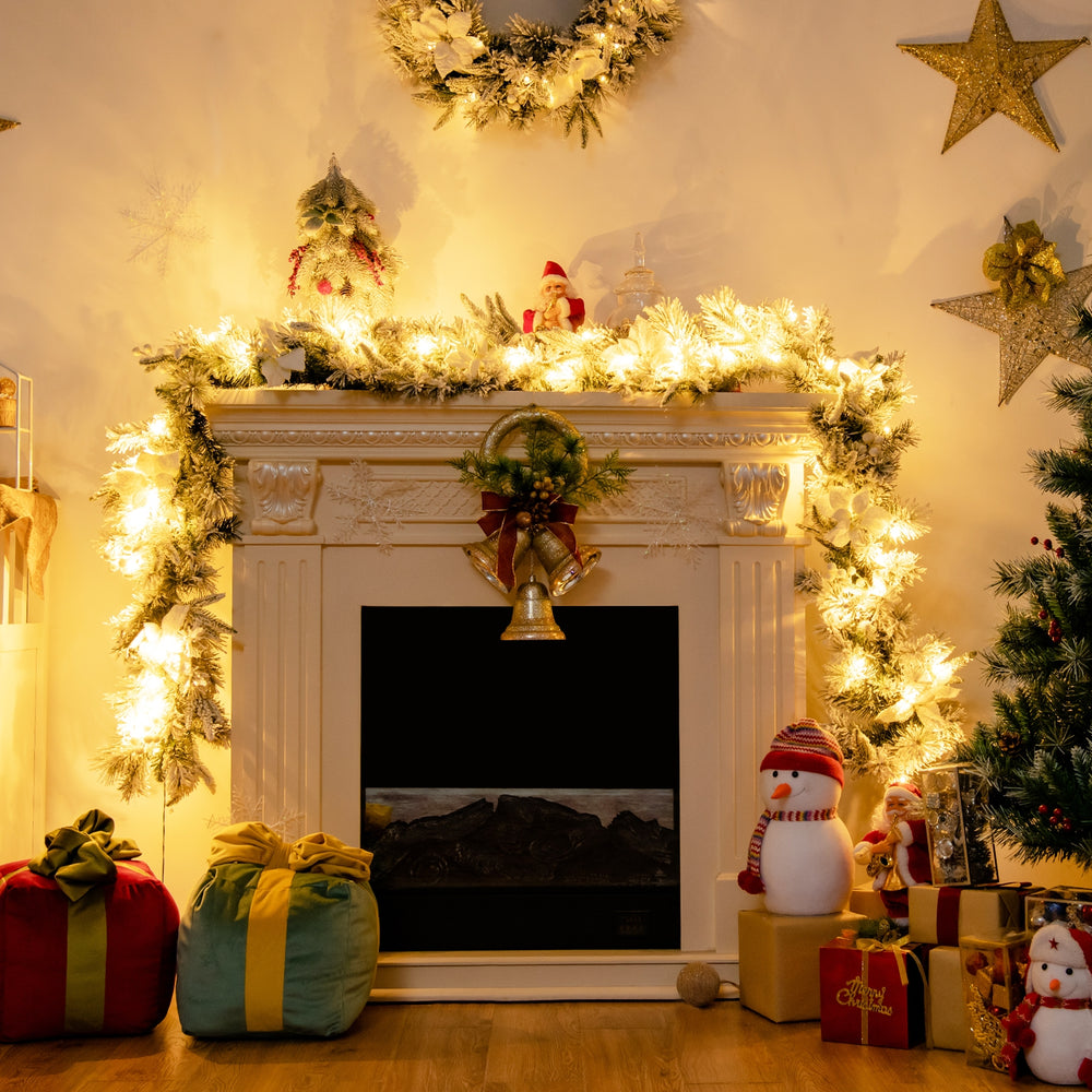 9 feet pre-lit artificial Christmas garland with 50 LED lights, featuring snow flocked appearance and white flowers for.