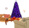 Black 7ft artificial Christmas Halloween tree with purple LED lights, creating a spooky yet festive atmosphere in any.