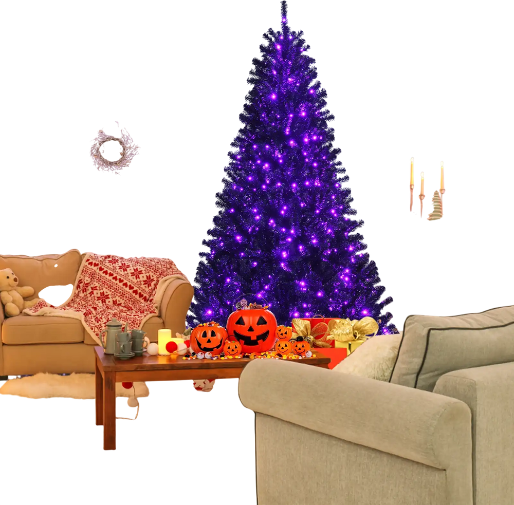 Black 7ft artificial Christmas Halloween tree with purple LED lights, creating a spooky yet festive atmosphere in any.