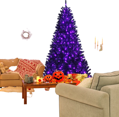 Costway 7' Black Artificial Halloween Christmas Tree Purple LED Lights 89463207 New