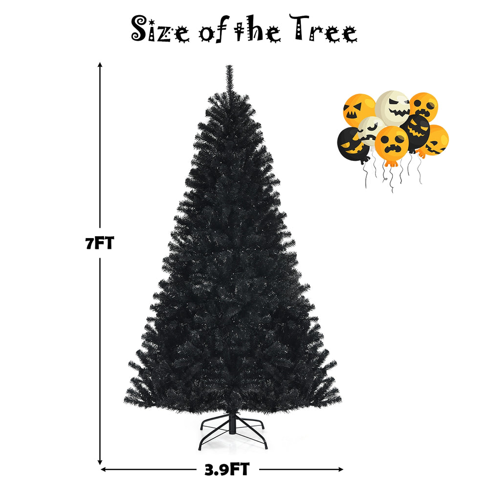 7 ft black artificial Christmas Halloween tree with purple LED lights, perfect for festive holiday decorations.