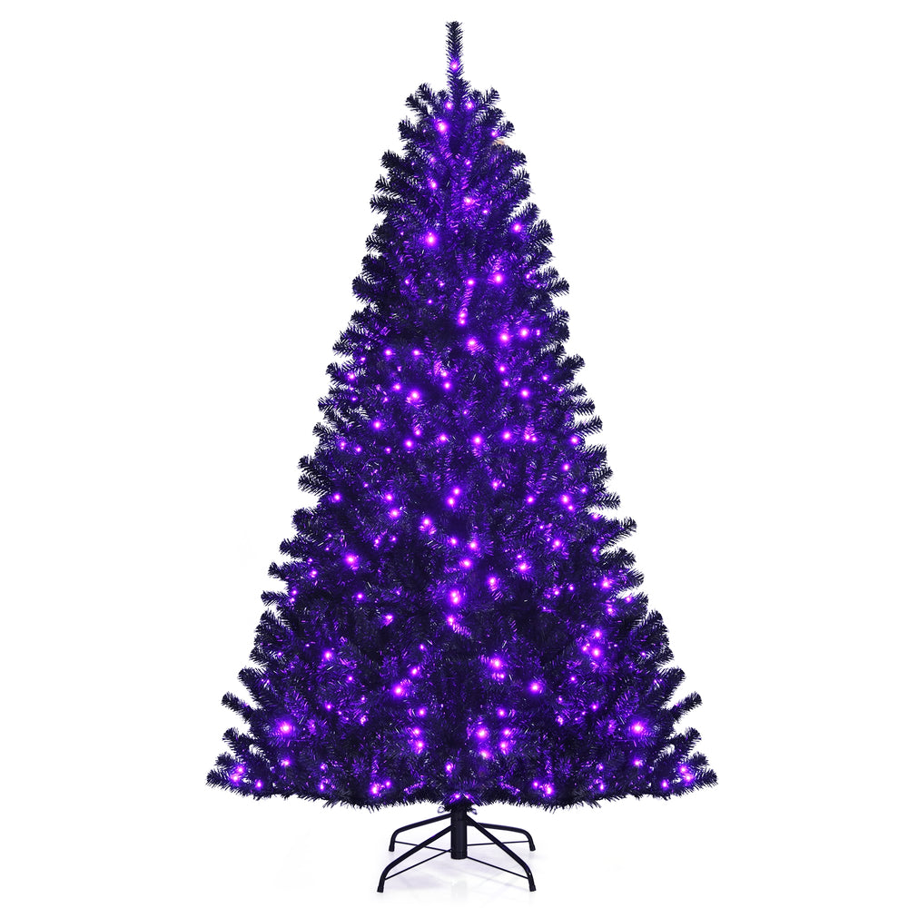 Black artificial Christmas Halloween tree, 7 ft tall, adorned with purple LED lights for festive decoration.