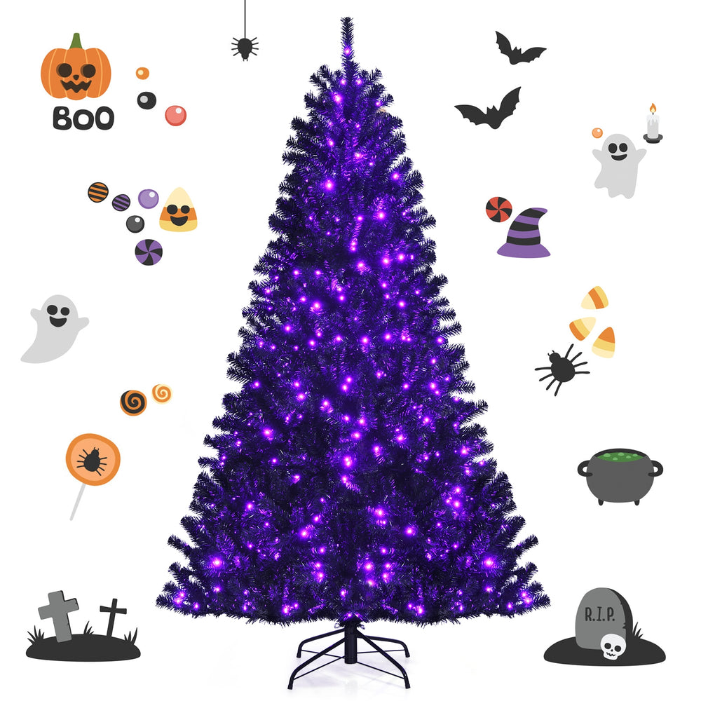 Black artificial 7 ft Christmas Halloween tree with purple LED lights, perfect for festive holiday decorations.