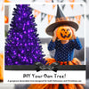 Black artificial tree with purple LED lights, 7 ft tall, perfect for Halloween and Christmas decorations.