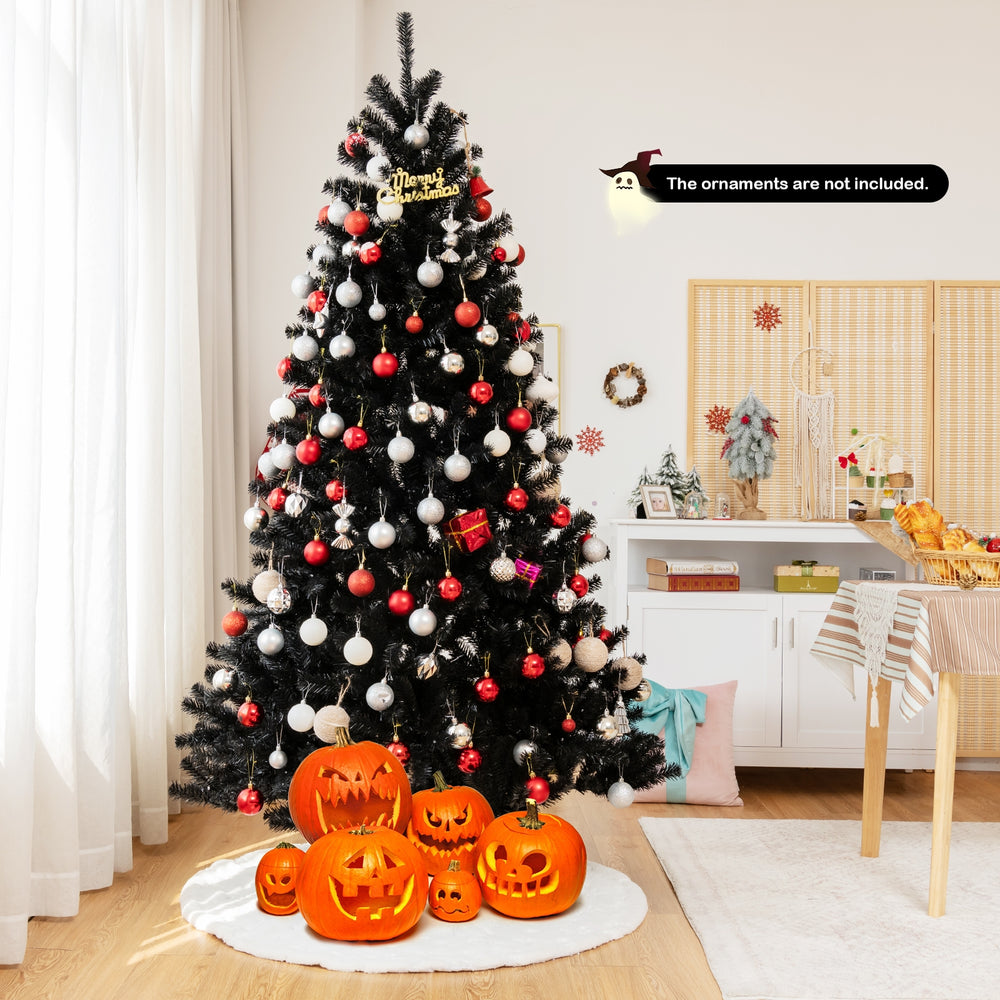 Black artificial Christmas Halloween tree with purple LED lights, 7 ft tall, perfect for festive holiday decor.