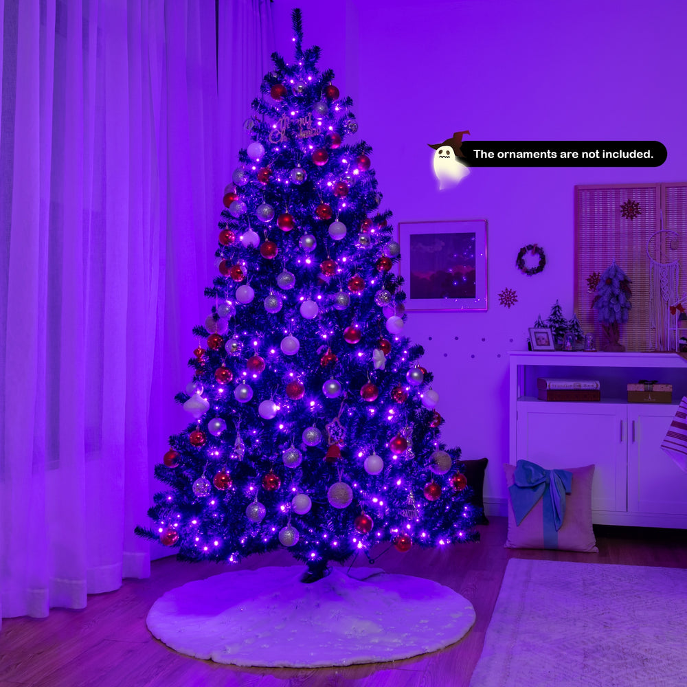 Black 7ft artificial Christmas Halloween tree showcasing vibrant purple LED lights, ideal for spooky and festive.