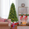 Full view of a 7' artificial Christmas tree with remote-controlled color-changing LED lights, decorated for the.