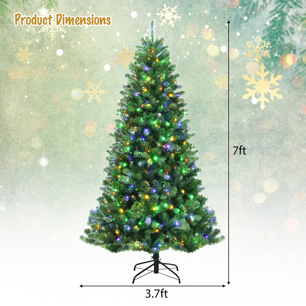 7ft artificial hinged Christmas tree with remote-controlled color-changing LED lights, perfect for festive decorations.