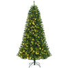 7' artificial hinged Christmas tree with remote-controlled color-changing LED lights, perfect for festive decorations.