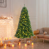 Artificial 7' hinged Christmas tree with remote-controlled color-changing LED lights, decorated in a cozy living room.