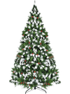 Snow flocked 6 ft Christmas tree with red berries, pine cones, and 250 warm white LED lights for festive decoration.