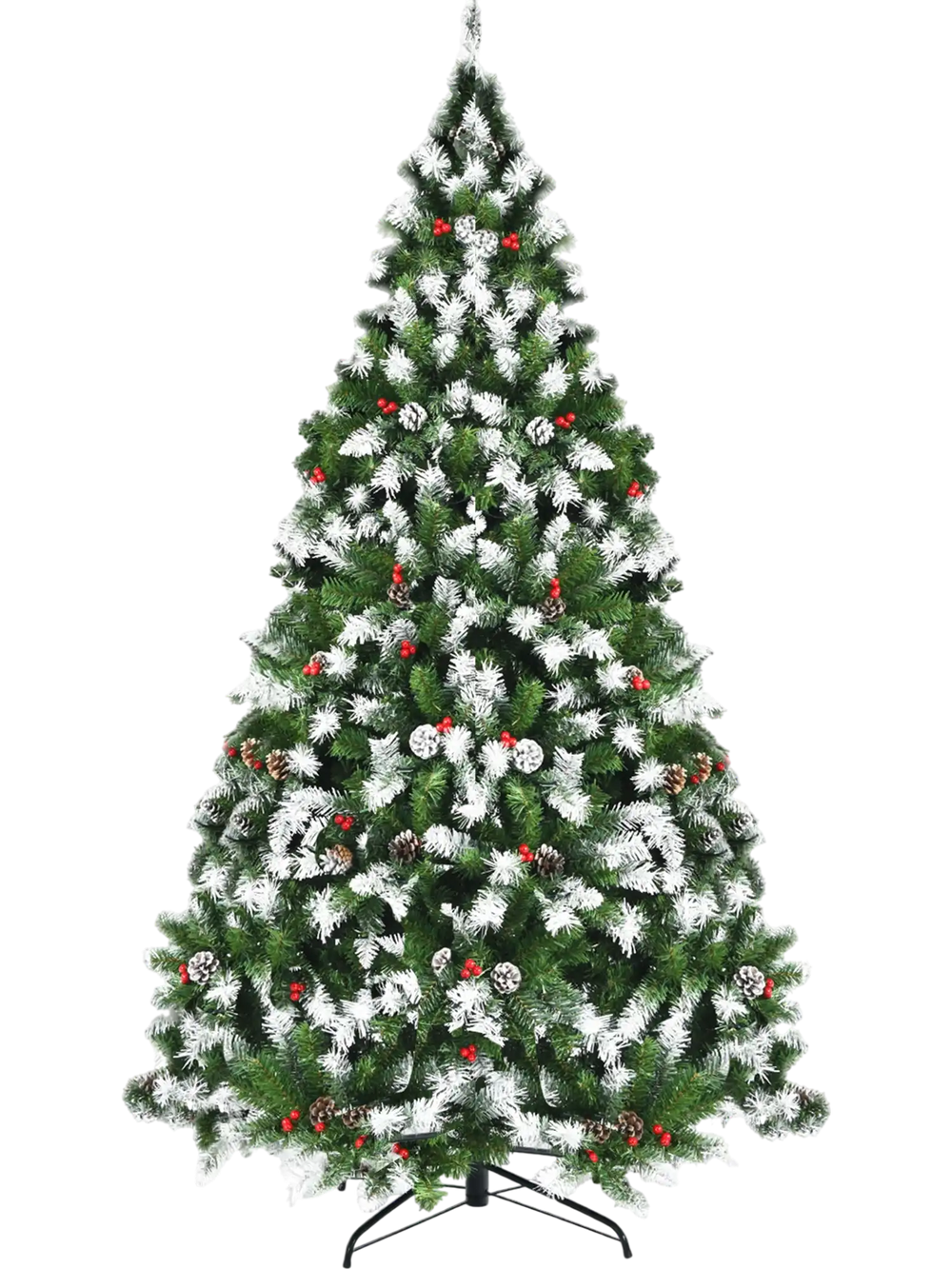 Snow flocked 6 ft Christmas tree with red berries, pine cones, and 250 warm white LED lights for festive decoration.