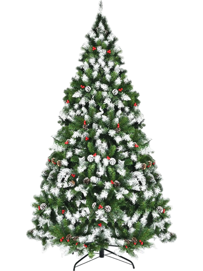 Costway Pre-lit Snow Flocked Christmas Tree w/ Red Berries 8 Lighting Modes 19256378 New