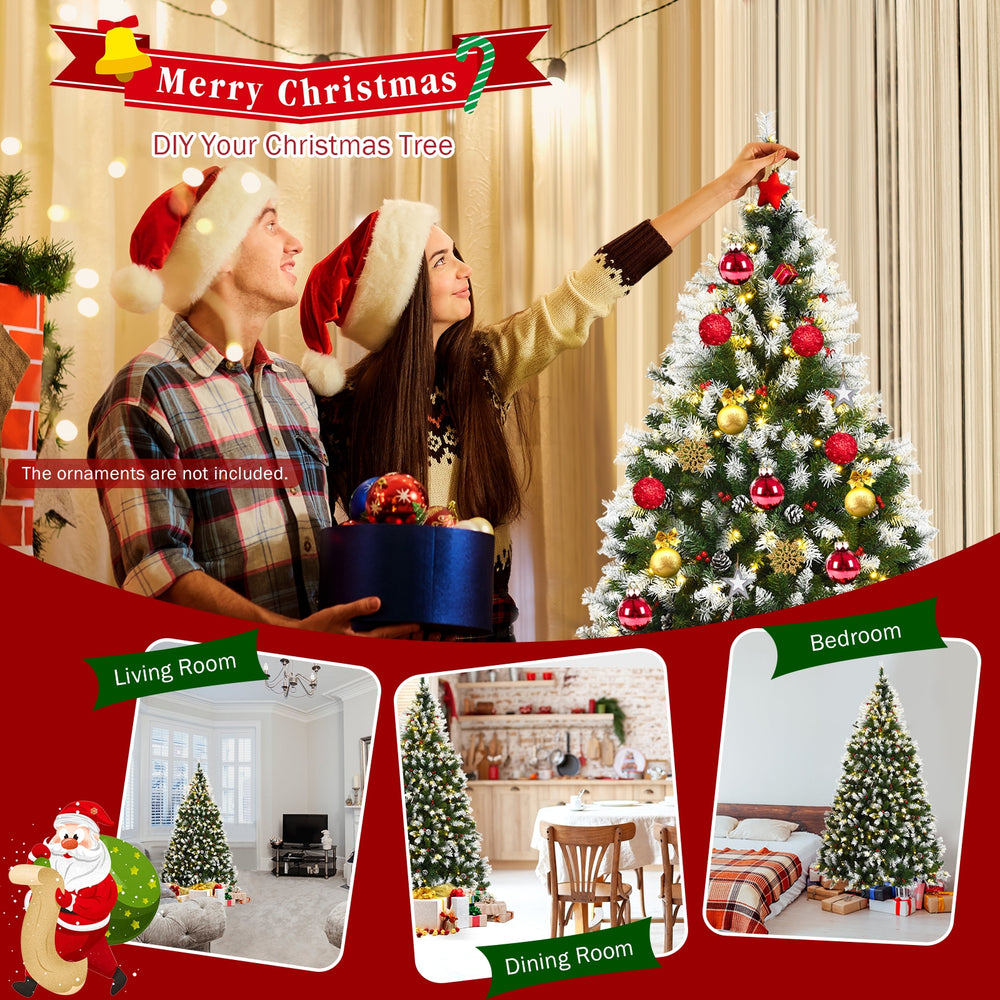 Pre-lit 6 ft snow flocked Christmas tree with red berries and 250 LED lights, ideal for festive home decoration.