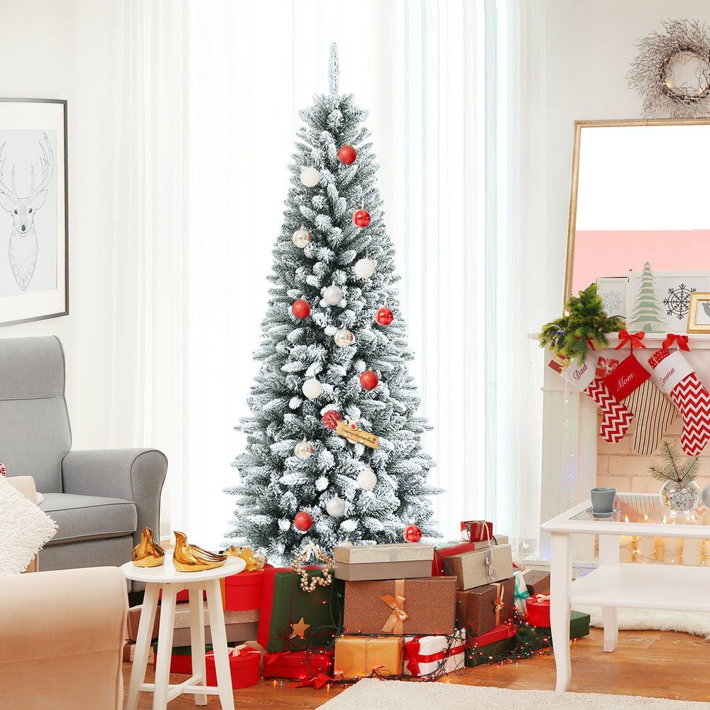 Snow-Flocked Hinged Artificial Christmas Pencil Tree with Mixed Tips-6.5 ft - Gallery View 1 of 9