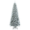 Snow-flocked 7.5 ft artificial Christmas pencil tree with mixed tips and sturdy iron stand for festive holiday decor.