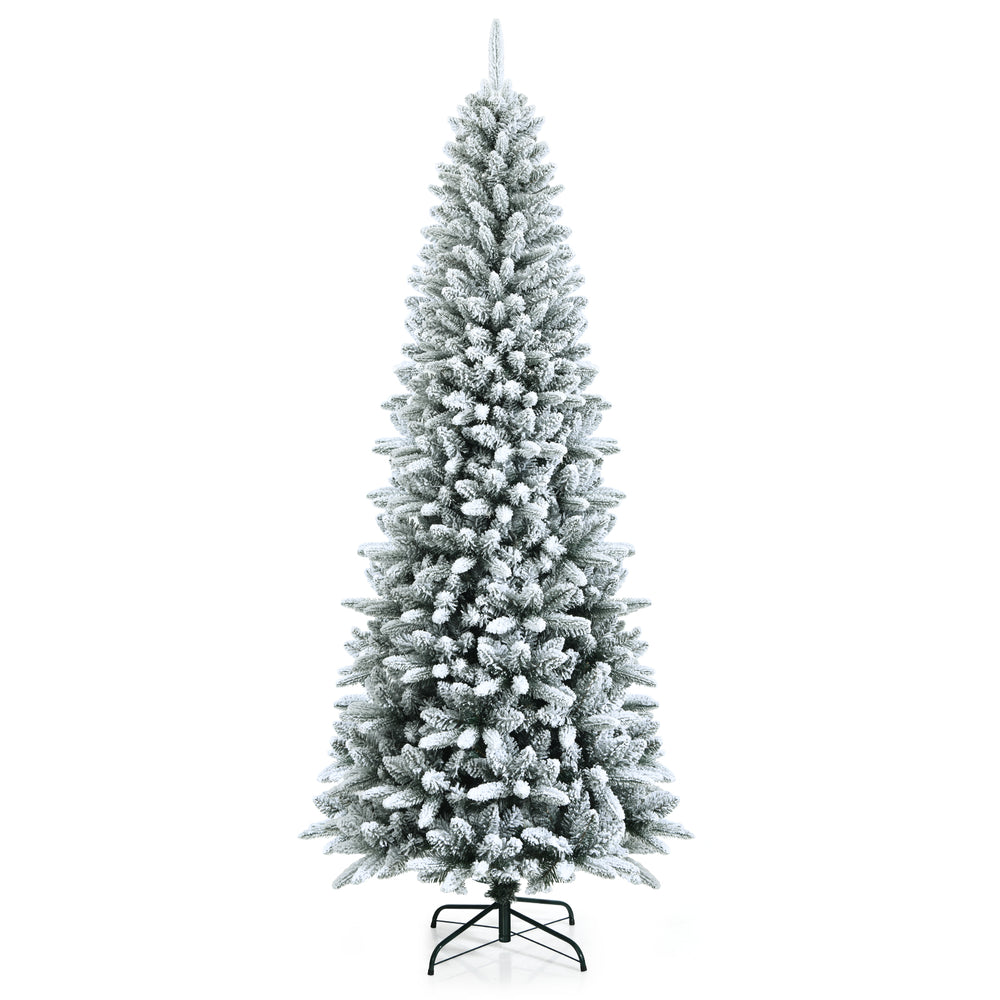 Snow-flocked 7.5 ft artificial Christmas pencil tree with mixed tips and sturdy iron stand for festive holiday decor.