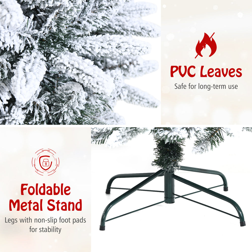 Close-up of the snow-flocked leaves on a 7.5 ft artificial Christmas pencil tree with a sturdy metal stand.