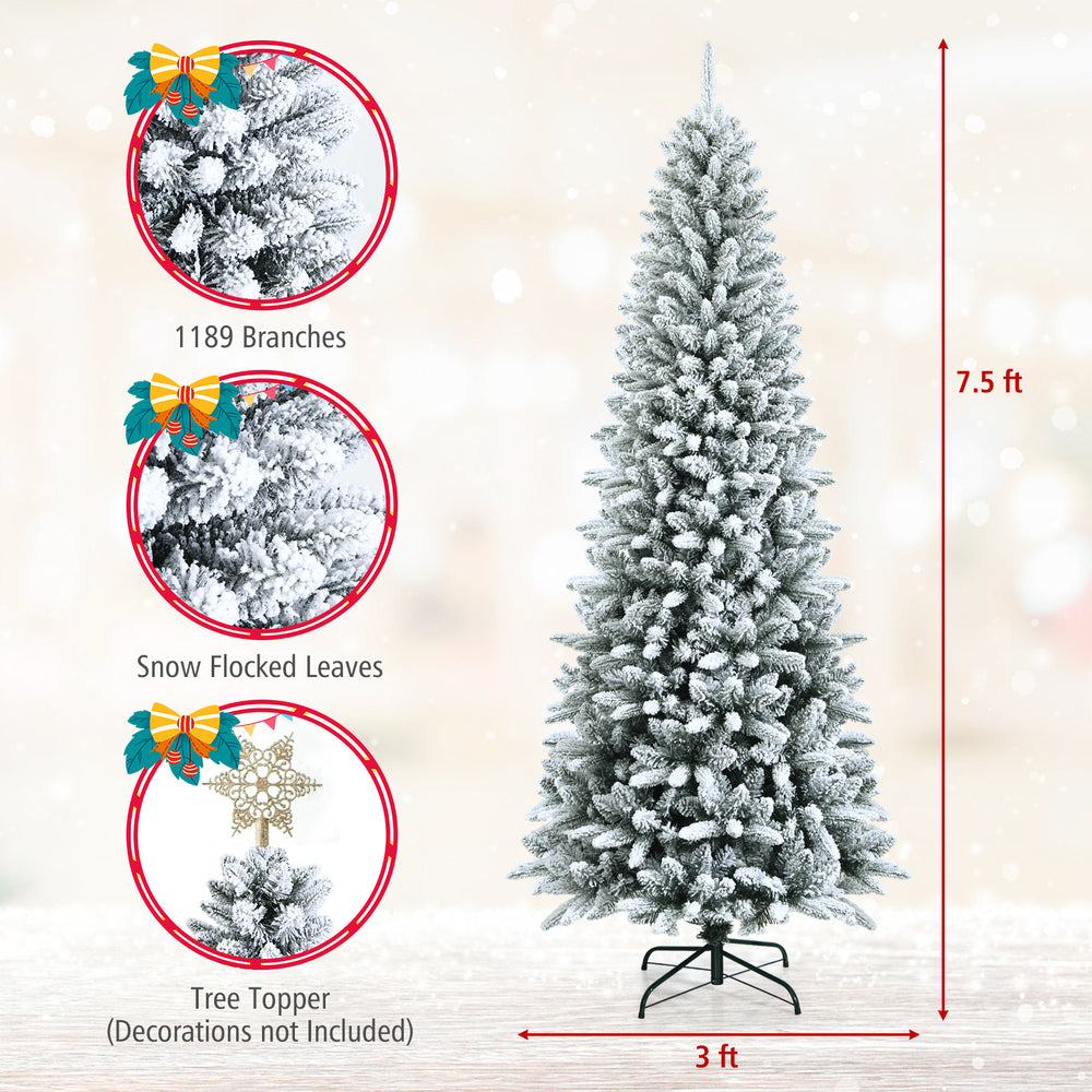 Snow-flocked 7.5 ft artificial Christmas pencil tree with 1189 branches, perfect for festive holiday decoration.