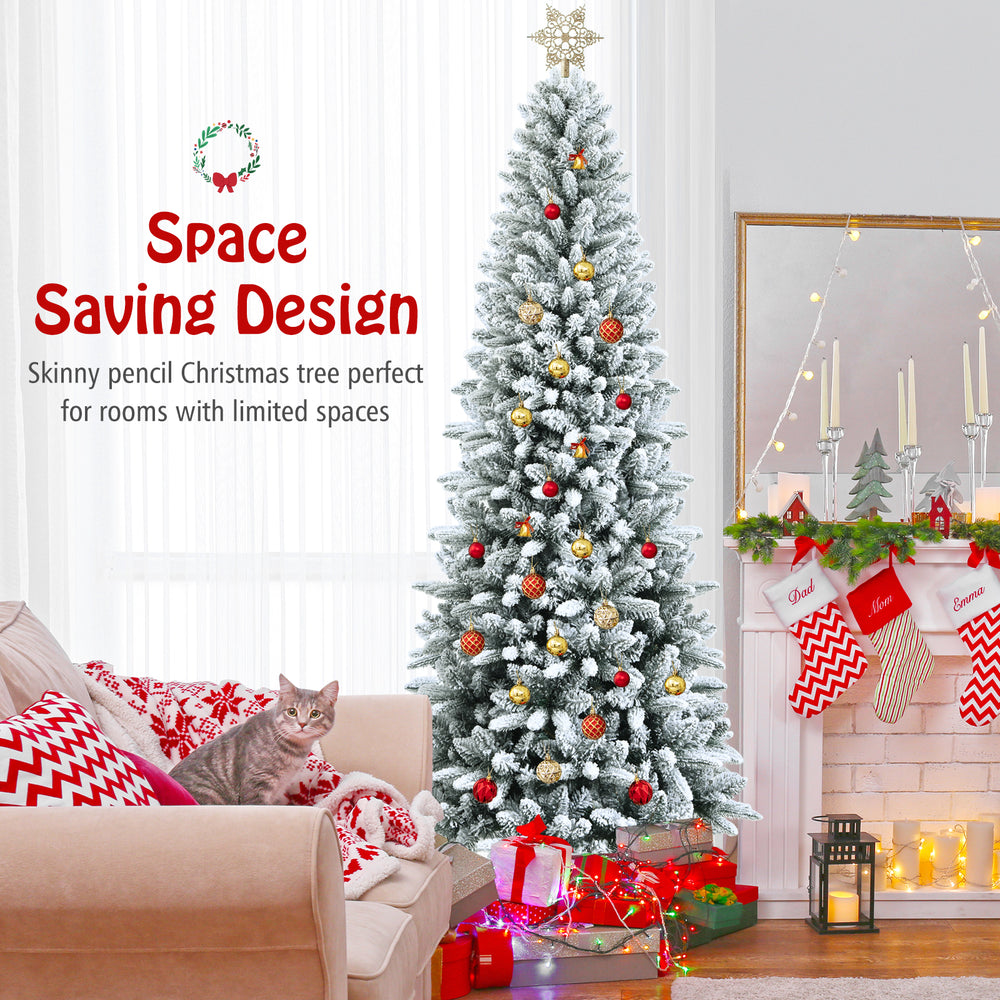 Snow-flocked 7.5 ft artificial Christmas pencil tree with mixed tips, perfect for limited spaces and easy assembly.