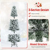 Snow-flocked 7.5 ft artificial Christmas pencil tree with hinged design for easy assembly and storage, perfect for.