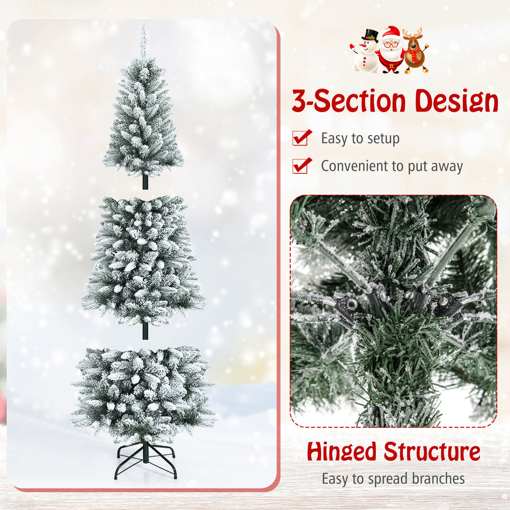Snow-flocked 7.5 ft artificial Christmas pencil tree with hinged design for easy assembly and storage, perfect for.