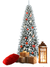 Snow-flocked 7.5 ft artificial Christmas pencil tree with mixed tips, perfect for festive holiday decoration.