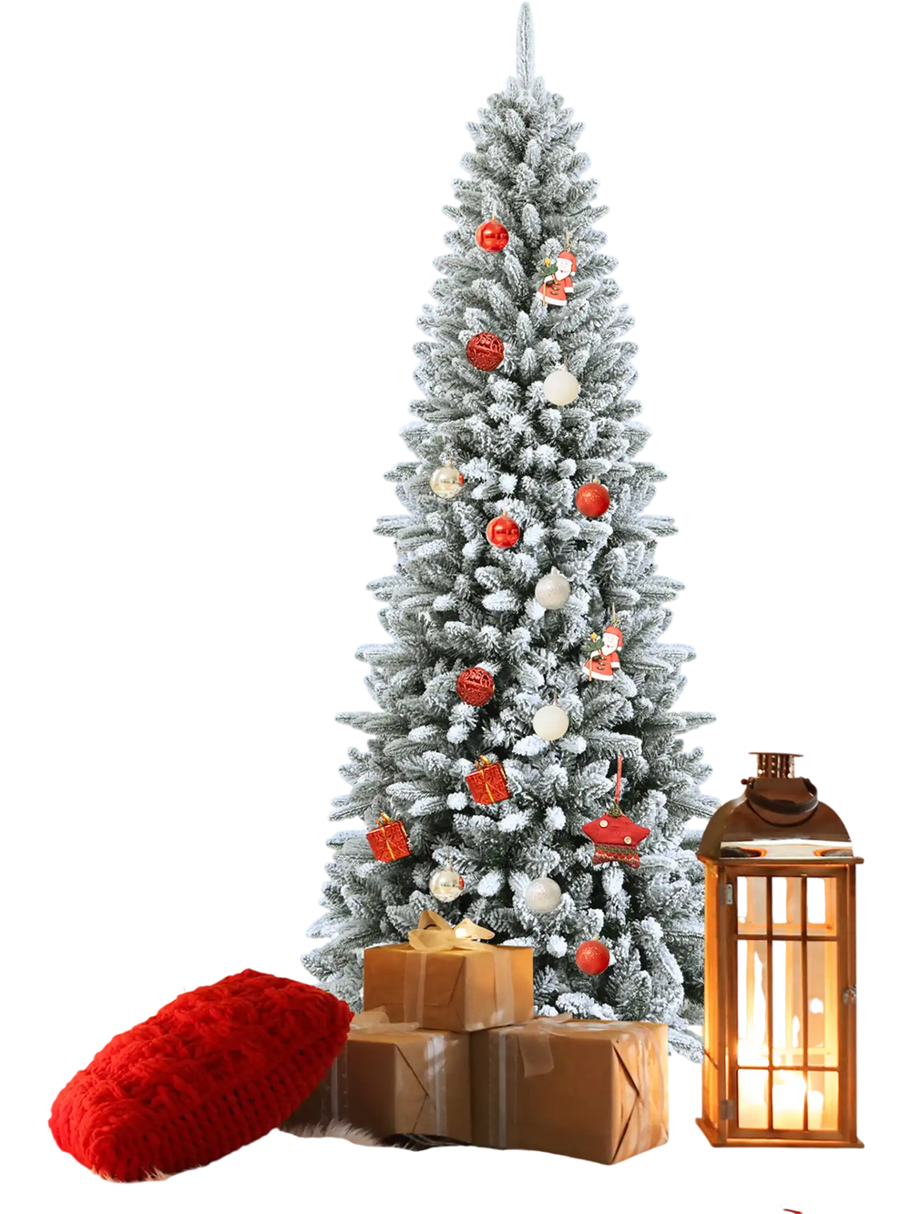 Snow-flocked 7.5 ft artificial Christmas pencil tree with mixed tips, perfect for festive holiday decoration.